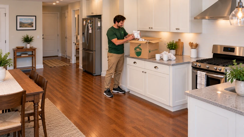 Kitchen surface unpacking Worker lifts one intact mug from an open medium carton beside two unpacked mugs on a permanent kitchen counter