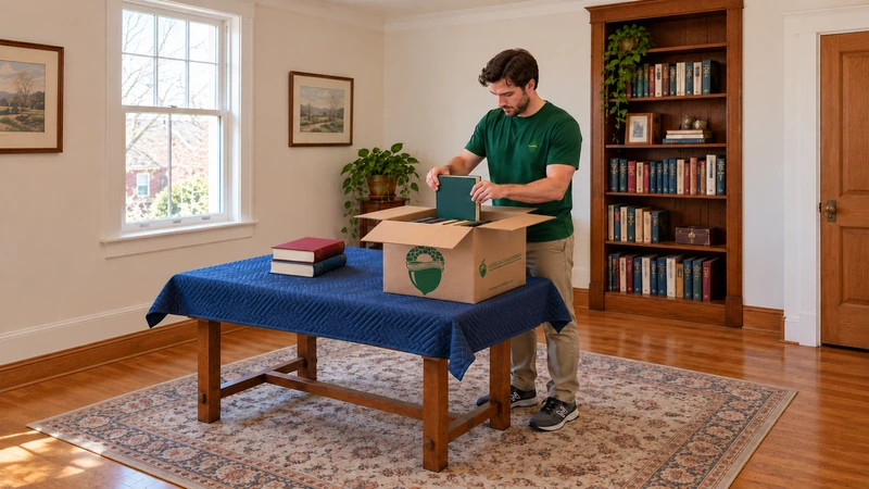 Selected book packing Worker packs one book in a small open carton on an existing quilted wooden table beside three waiting books