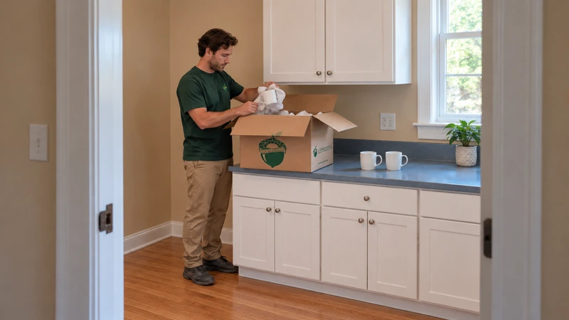 Worker lifts a protected mug onto a clear kitchen counter before final cupboard placement Worker lifts a protected mug onto a clear kitchen counter before final cupboard placement