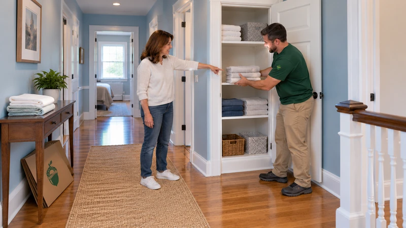 Customer points to a linen cupboard shelf while a worker places folded towels there Customer points to a linen cupboard shelf while a worker places folded towels there