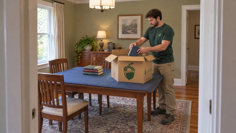 Worker packs retained books in a small carton on an existing padded dining table Worker packs retained books in a small carton on an existing padded dining table