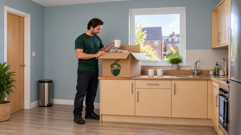 Basic kitchen unpacking Worker lifts one intact mug from an open medium carton beside two already unpacked mugs on a supported counter