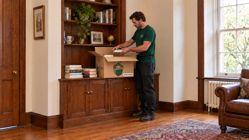 Selected book preparation Worker lowers one book into a small open book carton supported on a real built-in cabinet