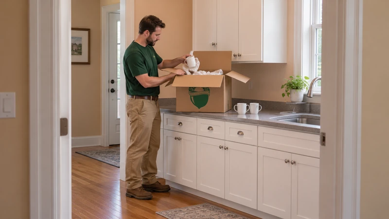 Worker lifts a protected mug onto a clear kitchen counter before final cupboard placement