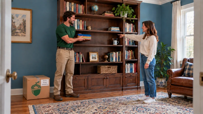 Customer indicates a study shelf while a worker holds school folders for placement