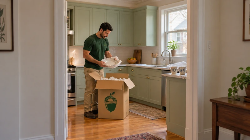 Worker protects an ordinary plate in paper above a cushioned tall carton while breakfast dishes stay separate
