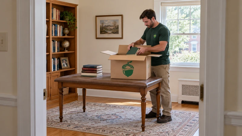 Worker packs retained books in a small carton on an existing padded study table