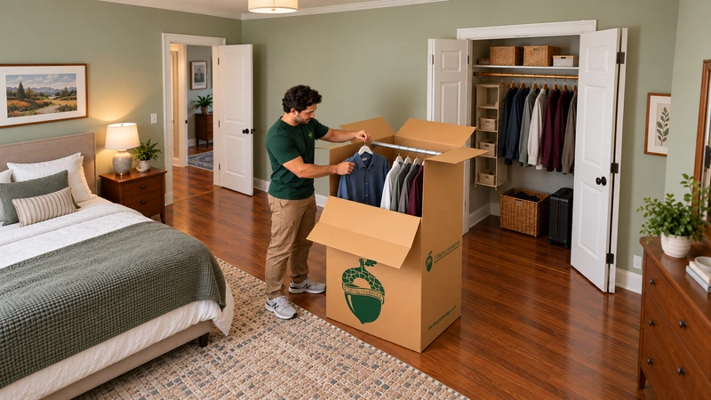 Worker transfers selected hanging clothes into a wardrobe carton outside an open bedroom closet