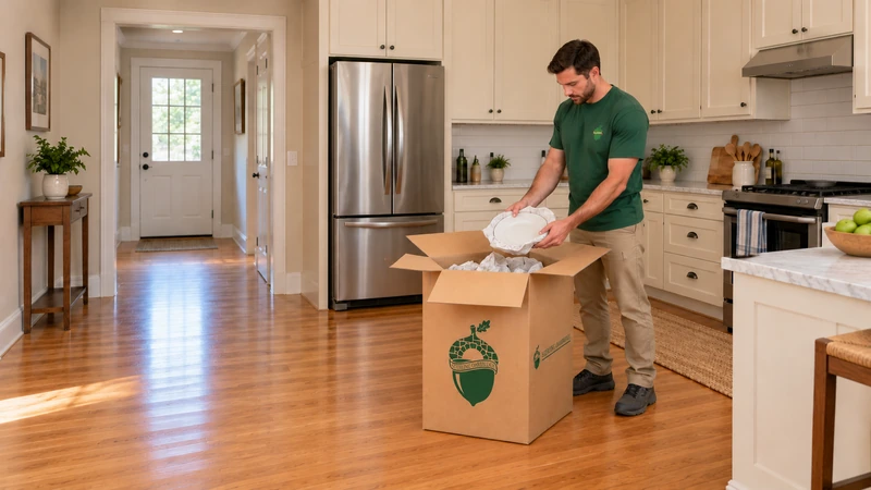 Worker protects an ordinary plate above a cushioned China carton on the kitchen floor