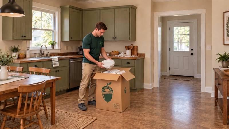 Worker protects a plate above a cushioned China carton on a kitchen floor Worker protects a plate above a cushioned China carton on a kitchen floor
