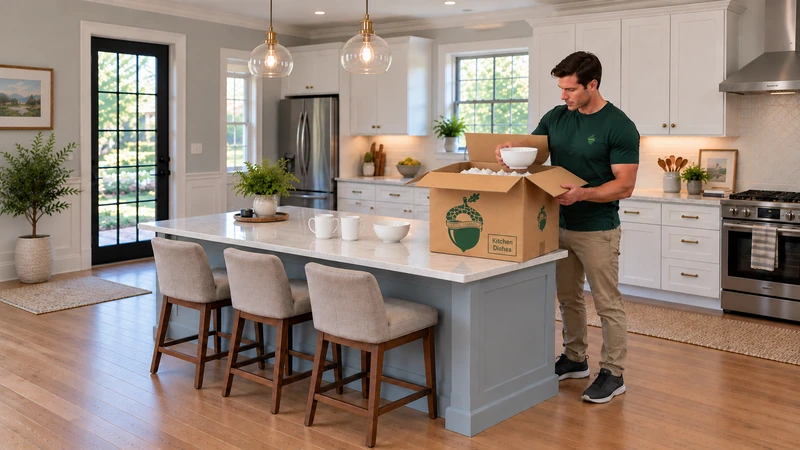 Worker lifts an intact bowl from a medium carton onto an available kitchen counter Worker lifts an intact bowl from a medium carton onto an available kitchen counter