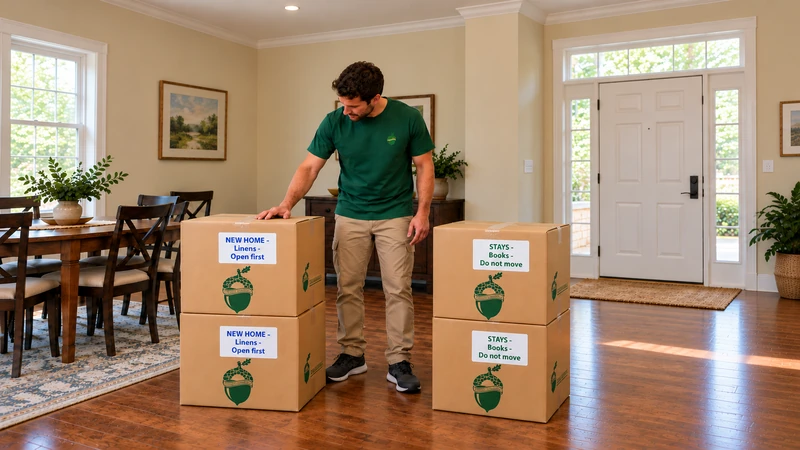 Separate sealed carton pairs distinguish pickup linens from a roommate’s retained books Separate sealed carton pairs distinguish pickup linens from a roommate’s retained books