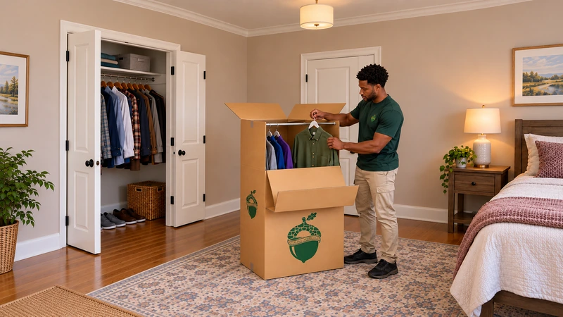 Worker guides selected hanging clothes into a floor wardrobe carton outside an open closet Worker guides selected hanging clothes into a floor wardrobe carton outside an open closet