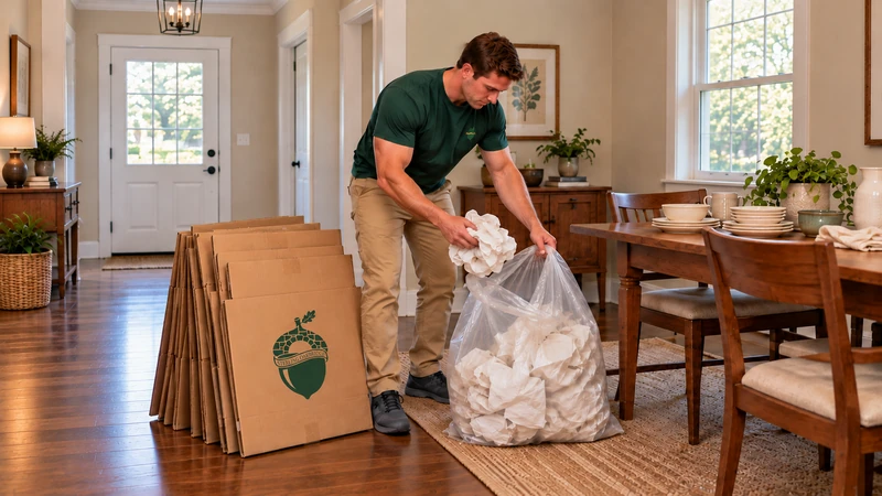 Worker gathers used paper into an open clear sack beside empty flattened cartons and retained dishes Worker gathers used paper into an open clear sack beside empty flattened cartons and retained dishes