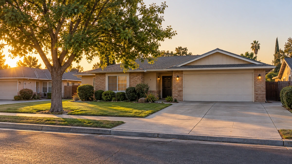 A low ranch house has a broad front lawn and a driveway in a Bakersfield-style neighborhood.