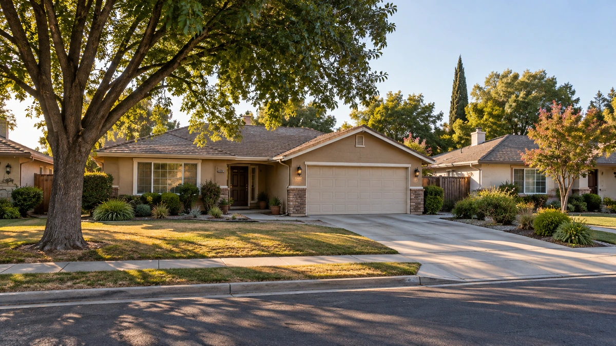 A single-story ranch home sits on a broad residential street in a Fresno-style neighborhood.