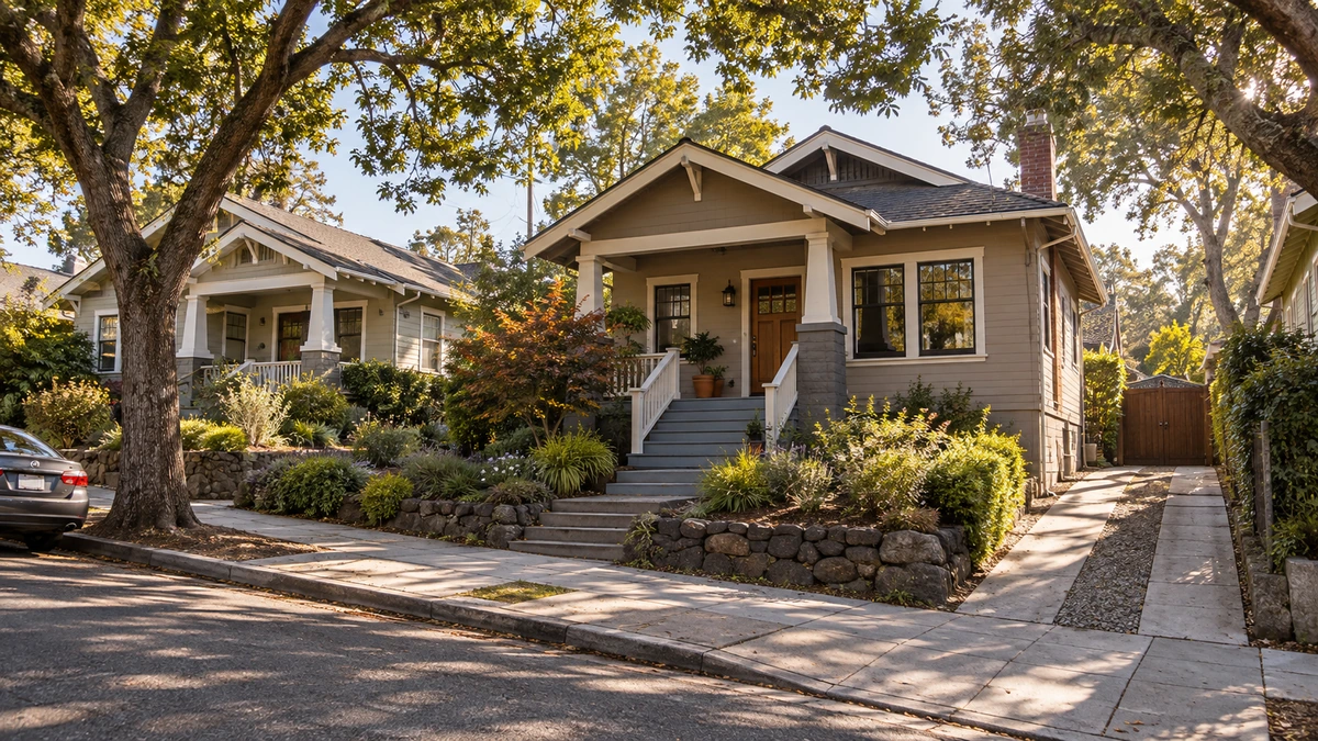 A Craftsman-style Oakland home has a raised porch and front steps.