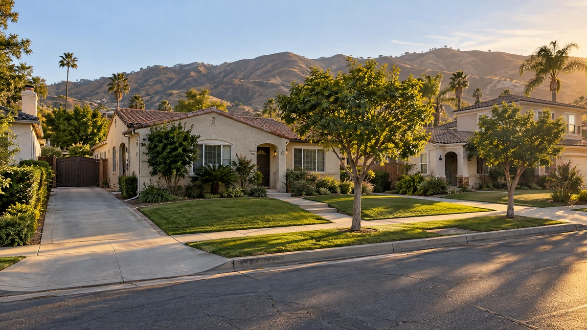 A stucco home with a tiled roof stands against dry foothills in a Riverside-style neighborhood.