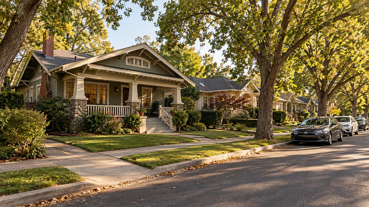 A tree-lined Sacramento-style street has Craftsman homes with raised front porches.