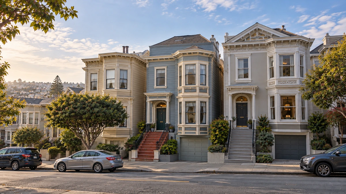 Colorful Victorian homes line a San Francisco hillside street.
