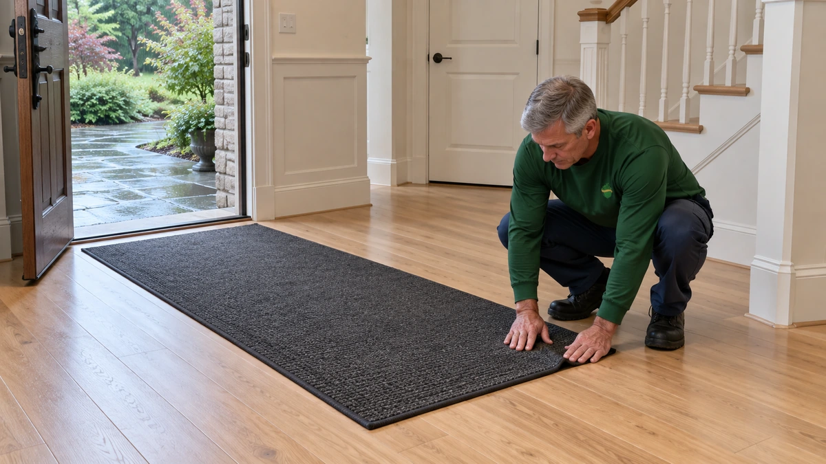 A mover kneels to flatten a protective floor runner just inside a doorway, with wet pavement outdoors.