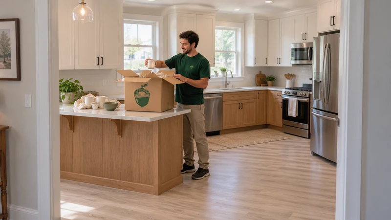 Worker lifts a mug from an open medium carton onto an existing kitchen counter Worker lifts a mug from an open medium carton onto an existing kitchen counter