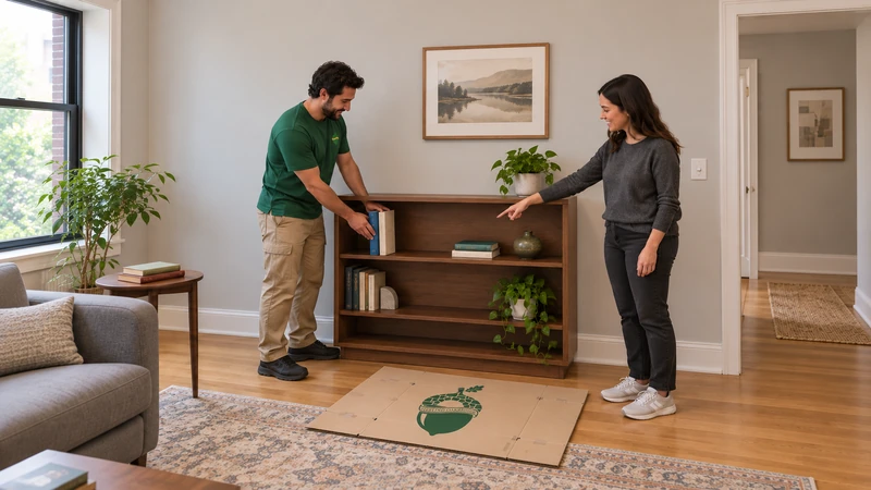 Customer points to a chosen reachable bookcase shelf while a whole worker steadies two retained books there