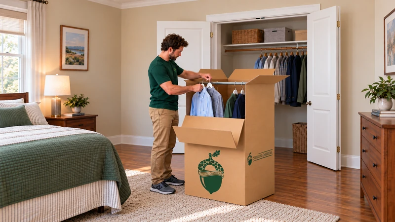 Whole worker places short hanging shirts into a complete Wardrobe carton beside an accessible closet