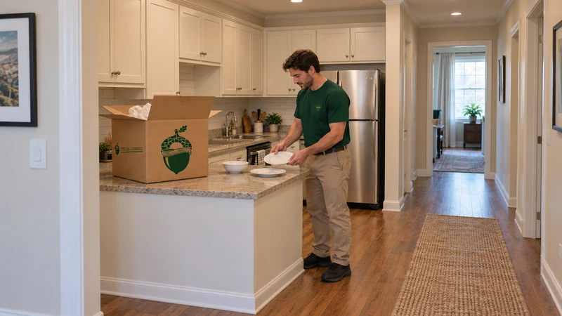 Worker sets a white plate beside an unpacked plate and bowl on a clear kitchen counter Worker sets a white plate beside an unpacked plate and bowl on a clear kitchen counter