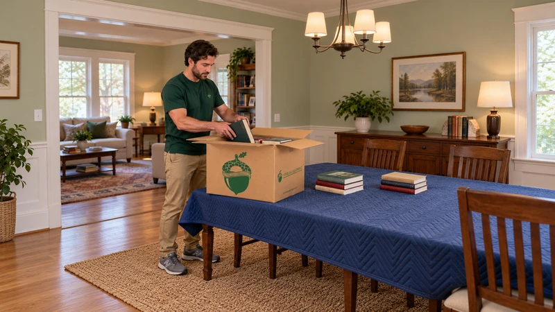 Worker places a hardcover book into a small open carton on an existing protected dining table Worker places a hardcover book into a small open carton on an existing protected dining table