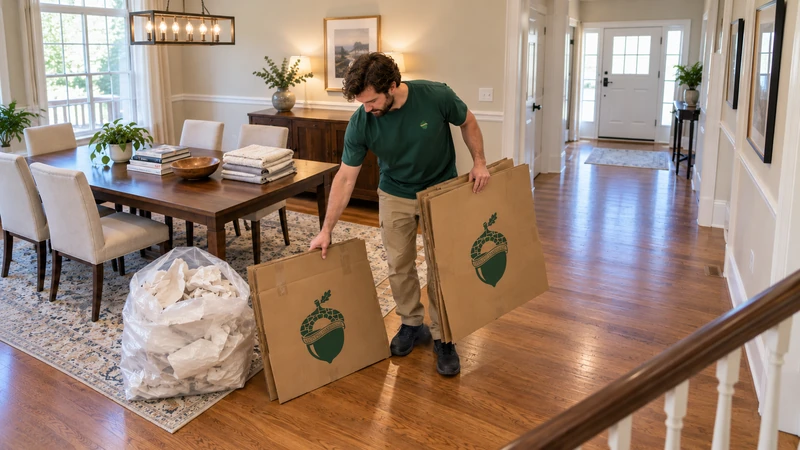 Worker gathers collapsed used carton panels beside an open sack of wrapping paper while books and linens wait on a dining table Worker gathers collapsed used carton panels beside an open sack of wrapping paper while books and linens wait on a dining table