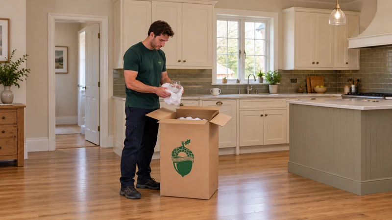 Worker wraps one clear drinking glass in paper above a tall open carton on the kitchen floor