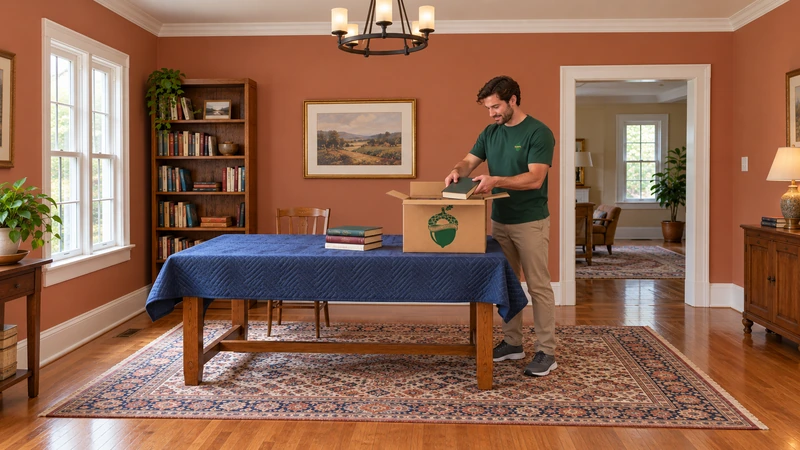 Worker places a small hardback book into an open Book carton on an existing protected table