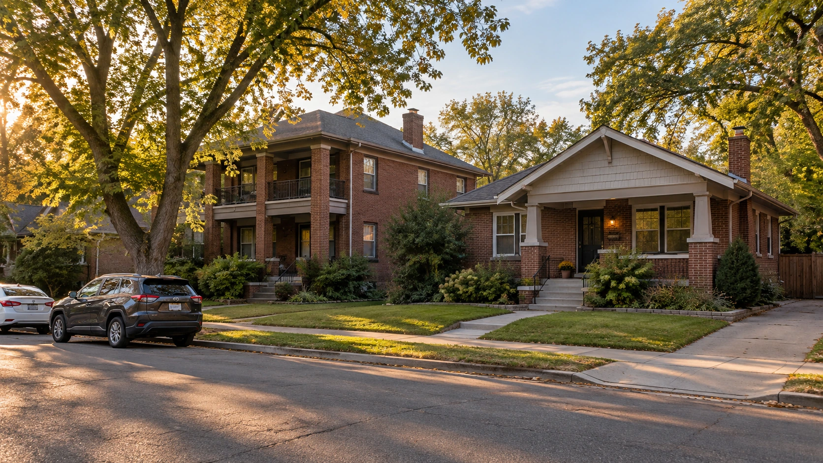 Brick bungalow beside a two-storey duplex on a tree-lined residential street. Brick bungalow beside a two-storey duplex on a tree-lined residential street.