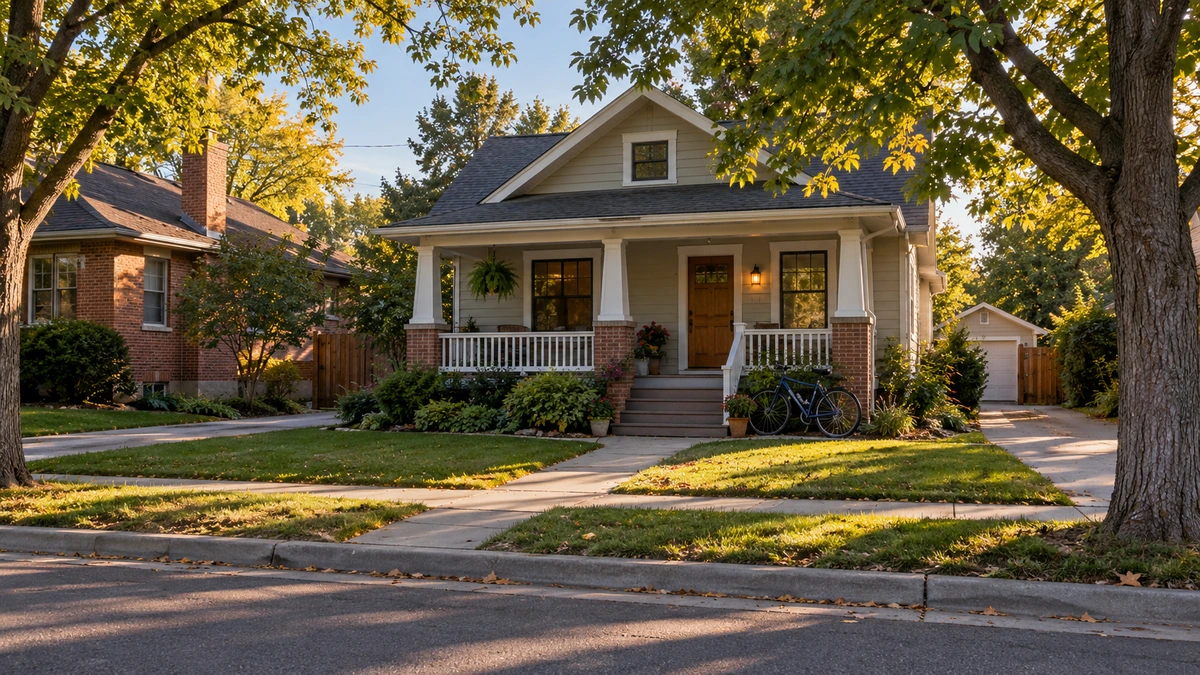 An older Longmont neighborhood Bicycles rest beside the raised porch of an older home beneath mature trees.