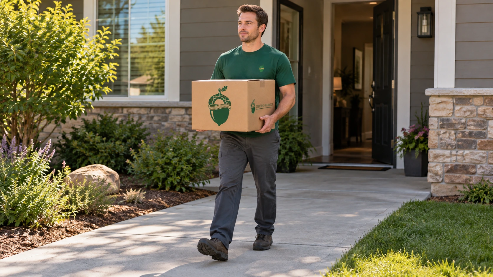 Male mover supports a closed kraft household carton from underneath while walking along a level path. Male mover supports a closed kraft household carton from underneath while walking along a level path.