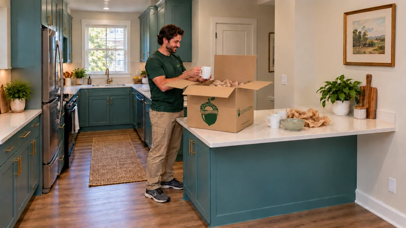 Worker lifts a white mug by its handle and supports its base above an open medium carton on a kitchen peninsula Worker lifts a white mug by its handle and supports its base above an open medium carton on a kitchen peninsula