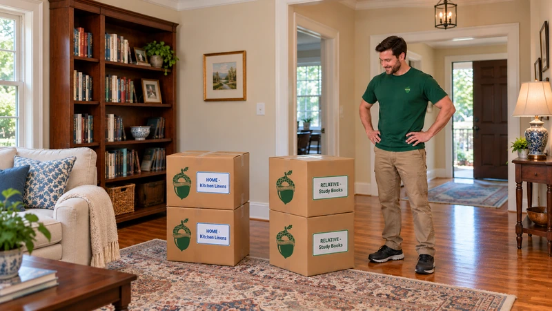 Separate sealed HOME Kitchen Linens and RELATIVE Study Books carton groups beside a clear room route Separate sealed HOME Kitchen Linens and RELATIVE Study Books carton groups beside a clear room route