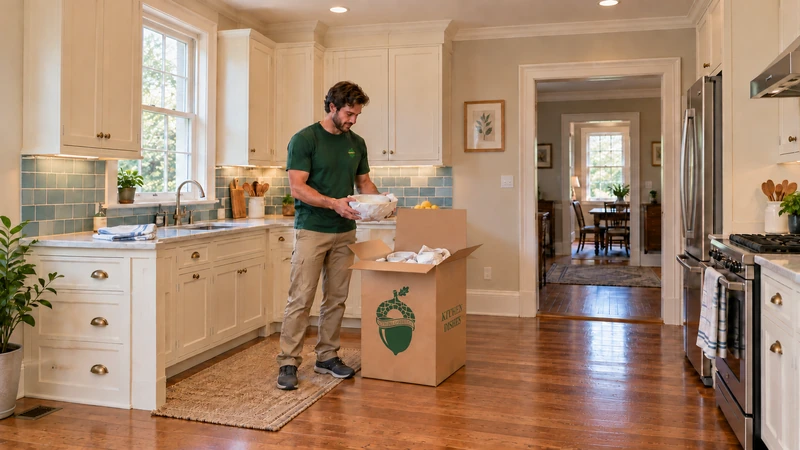 Worker holds a paper-protected bowl above a cushioned tall dish carton on the kitchen floor Worker holds a paper-protected bowl above a cushioned tall dish carton on the kitchen floor
