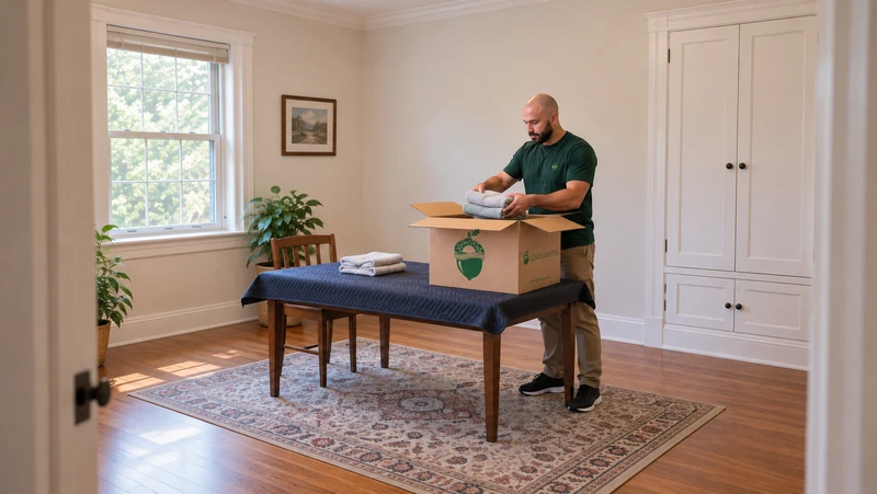 Worker packs folded towels in a wide linen carton on an existing padded household table
