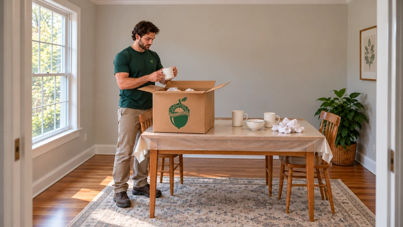 Worker lifts a mug from an open medium carton on a cloth-lined dining table,with unpacked mugs and bowl and used paper separately placed Worker lifts a mug from an open medium carton on a cloth-lined dining table,with unpacked mugs and bowl and used paper separately placed
