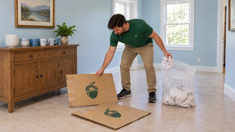 Worker gathers empty used collapsed cartons and paper indoors while retained kitchen contents stay separately supported Worker gathers empty used collapsed cartons and paper indoors while retained kitchen contents stay separately supported
