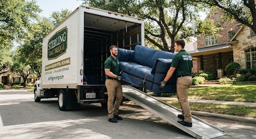 A Sterling Oakbridge crew carrying a wrapped sofa into the truck