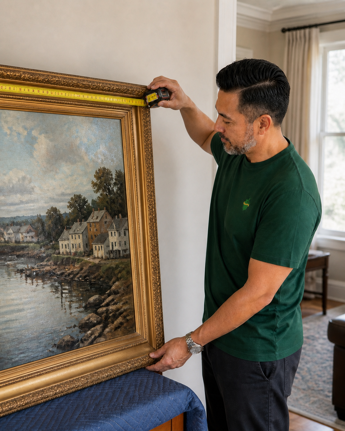 Sterling Oakbridge estimator measuring the width of framed artwork during a pre-move home assessment