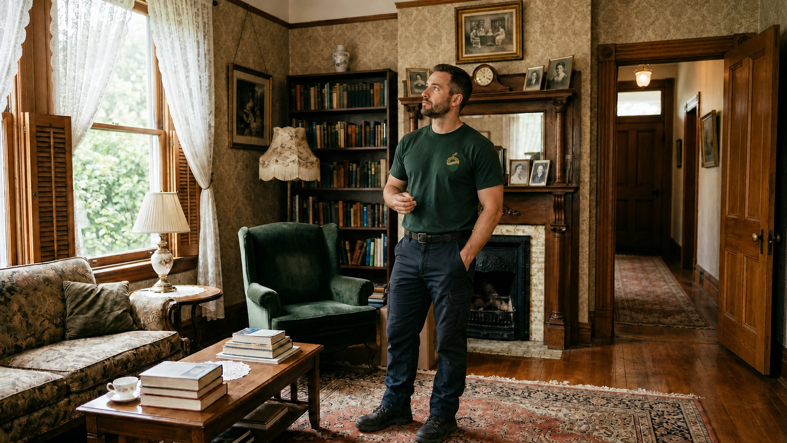 A male Sterling Oakbridge estimator reviewing access inside a maintained historic residence
