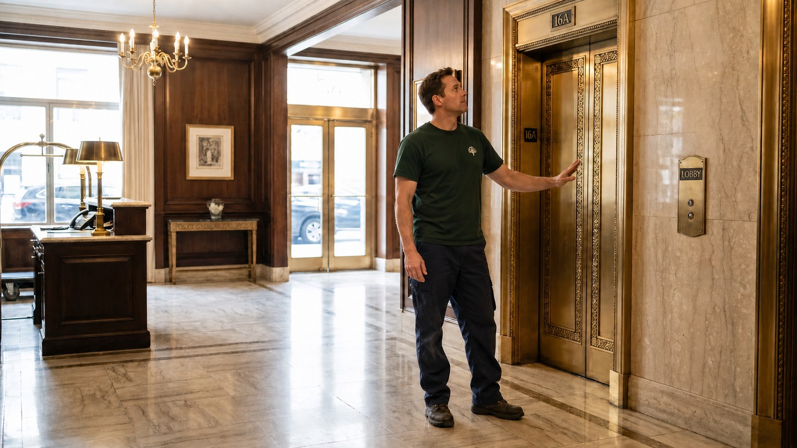 A male Sterling Oakbridge coordinator reviewing elevator access in a maintained apartment lobby