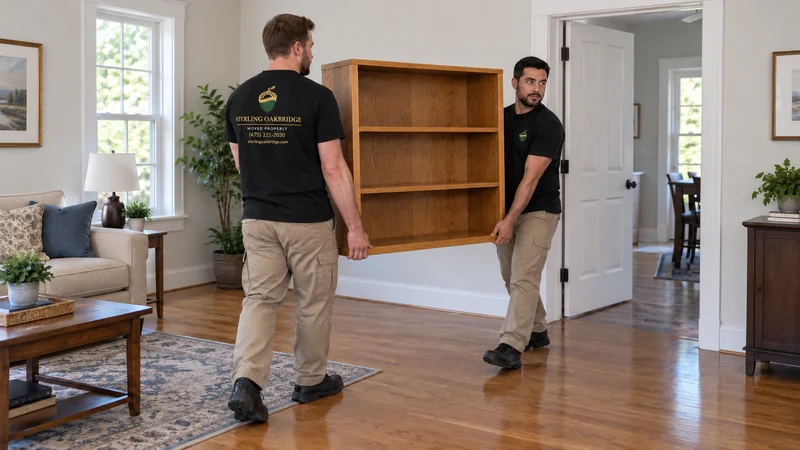Two movers carrying a compact bookcase within an Allentown PA home Two movers carrying a compact bookcase within an Allentown PA home