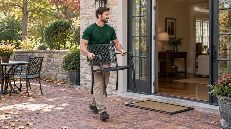 A mover carrying a patio chair toward an open house doorway for seasonal storage A mover carrying a patio chair toward an open house doorway for seasonal storage