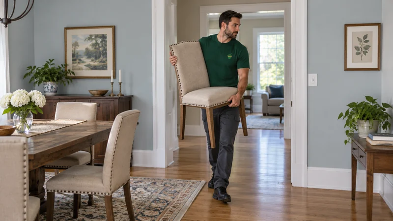 A mover carrying an upholstered dining chair through a clear indoor doorway A mover carrying an upholstered dining chair through a clear indoor doorway