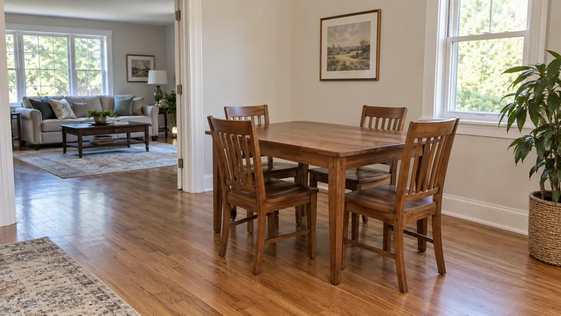 A dining table and four chairs temporarily held clear of the main household passage A dining table and four chairs temporarily held clear of the main household passage